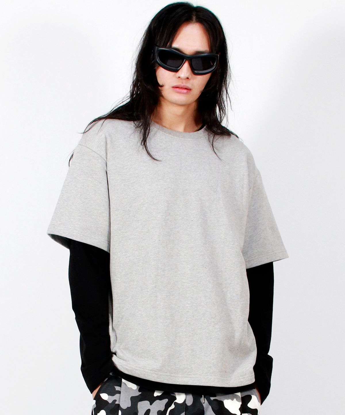 드마크(DEMARC) M LAYERED SLEEVE BOXY FIT CREW NECK T-SHIRT GREY