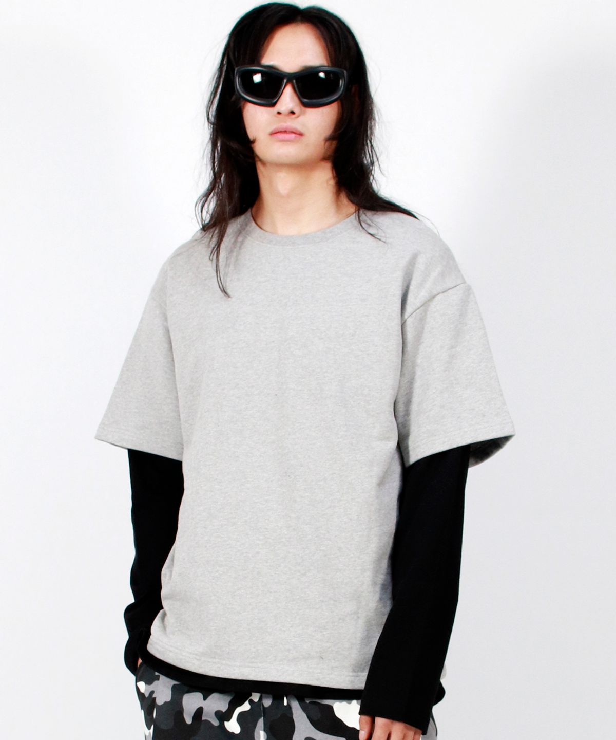 드마크(DEMARC) M LAYERED SLEEVE BOXY FIT CREW NECK T-SHIRT GREY