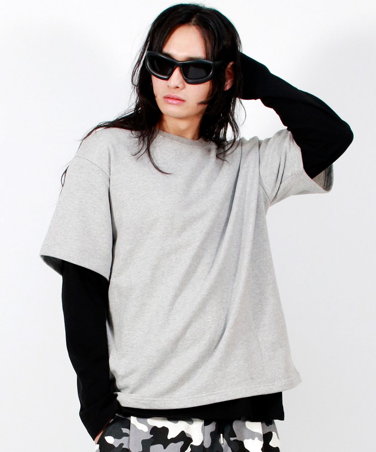 드마크(DEMARC) M LAYERED SLEEVE BOXY FIT CREW NECK T-SHIRT GREY