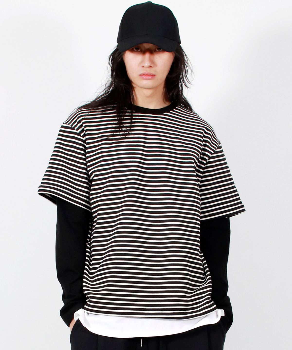 드마크(DEMARC) M LAYERED SLEEVE BOXY FIT CREW NECK T-SHIRT STRIPE-BLACK