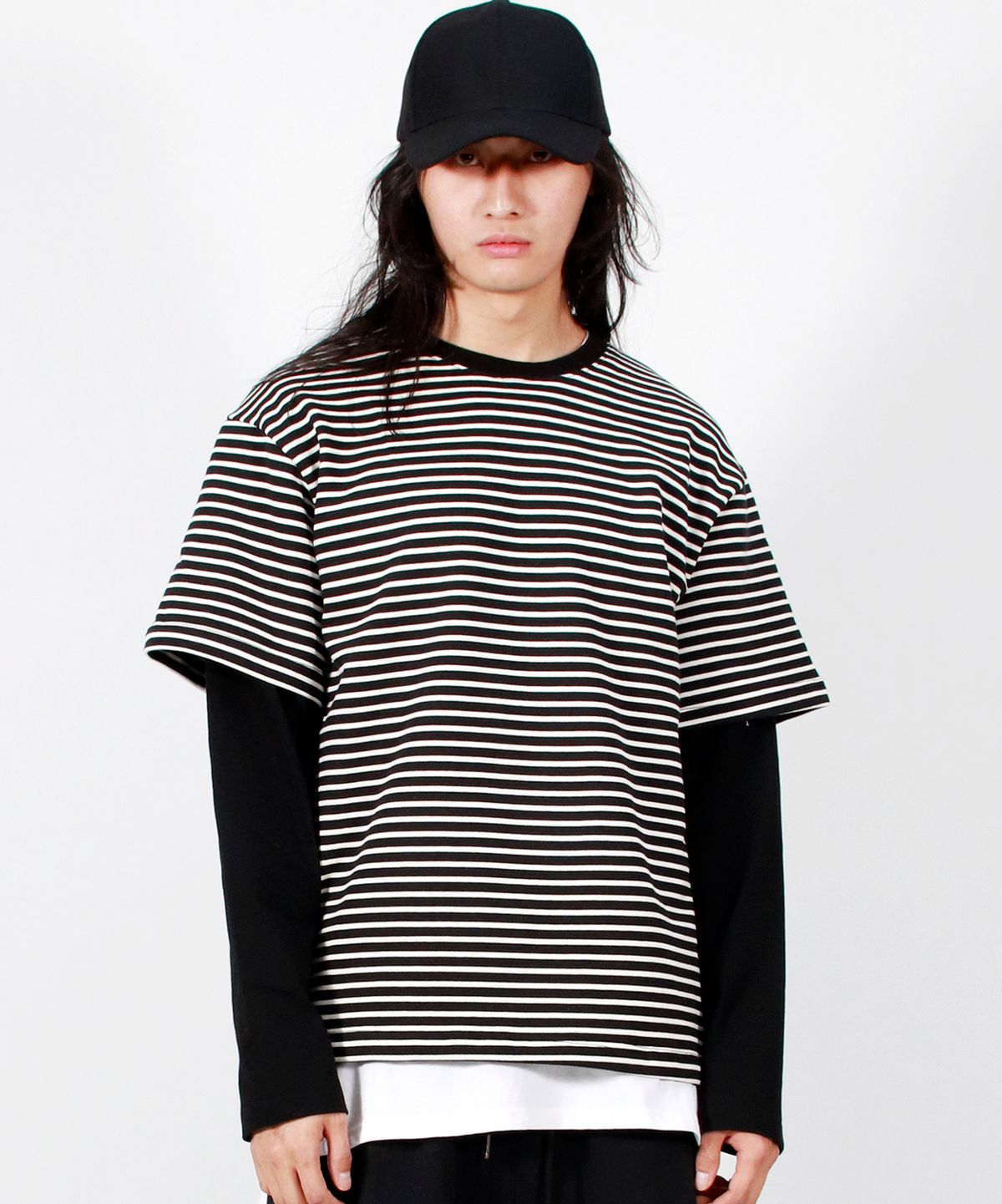 드마크(DEMARC) M LAYERED SLEEVE BOXY FIT CREW NECK T-SHIRT STRIPE-BLACK