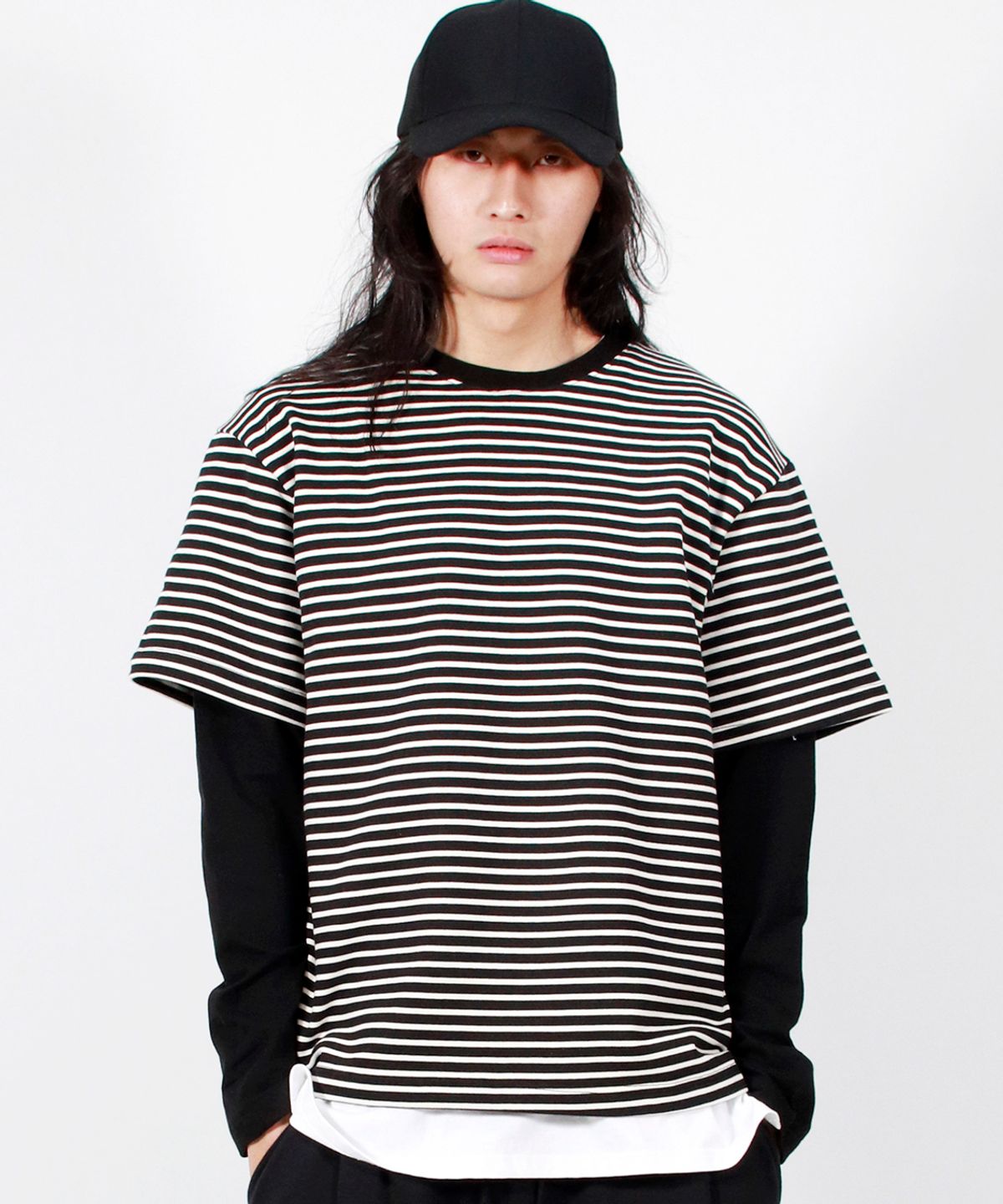 드마크(DEMARC) M LAYERED SLEEVE BOXY FIT CREW NECK T-SHIRT STRIPE-BLACK