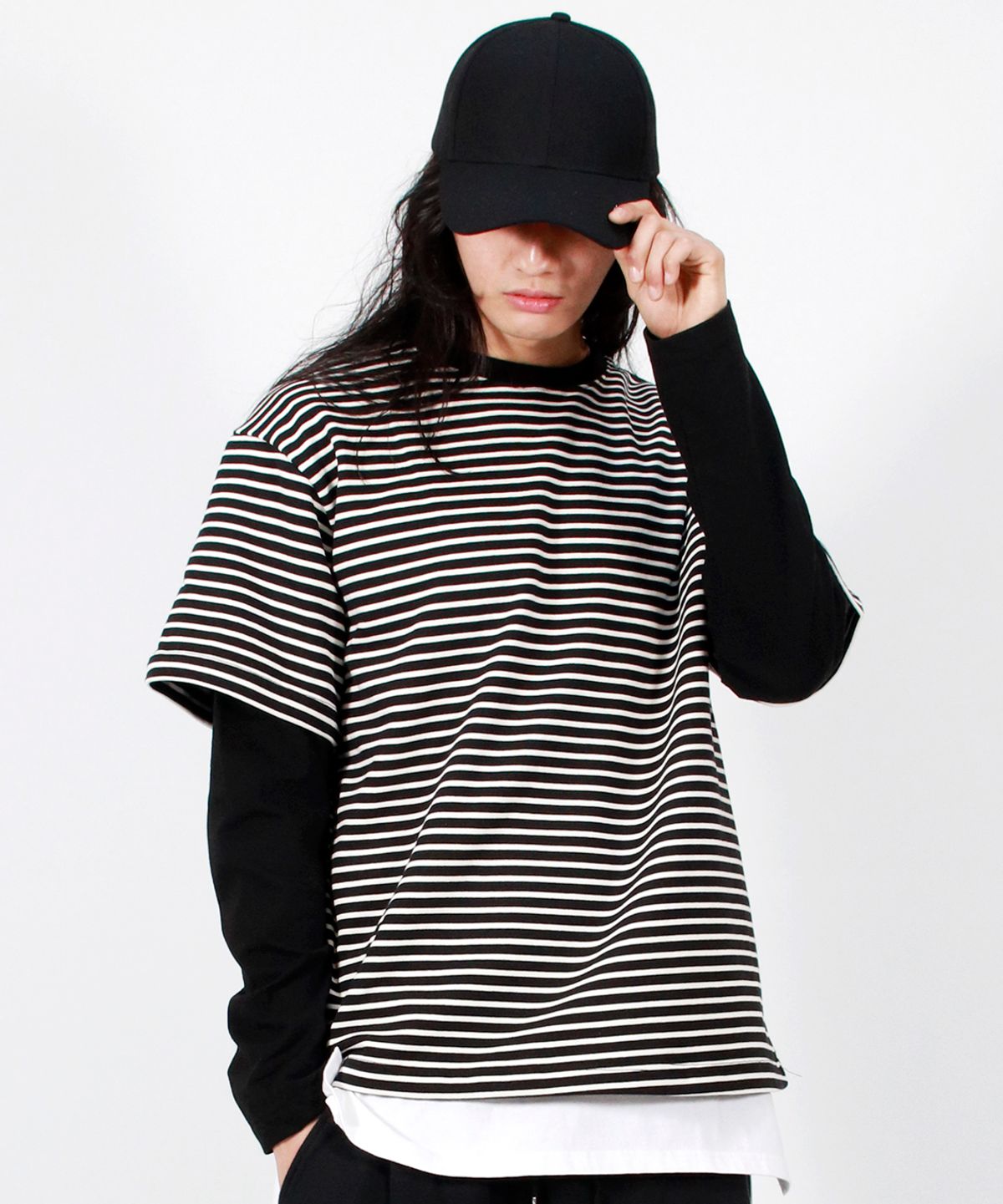 드마크(DEMARC) M LAYERED SLEEVE BOXY FIT CREW NECK T-SHIRT STRIPE-BLACK