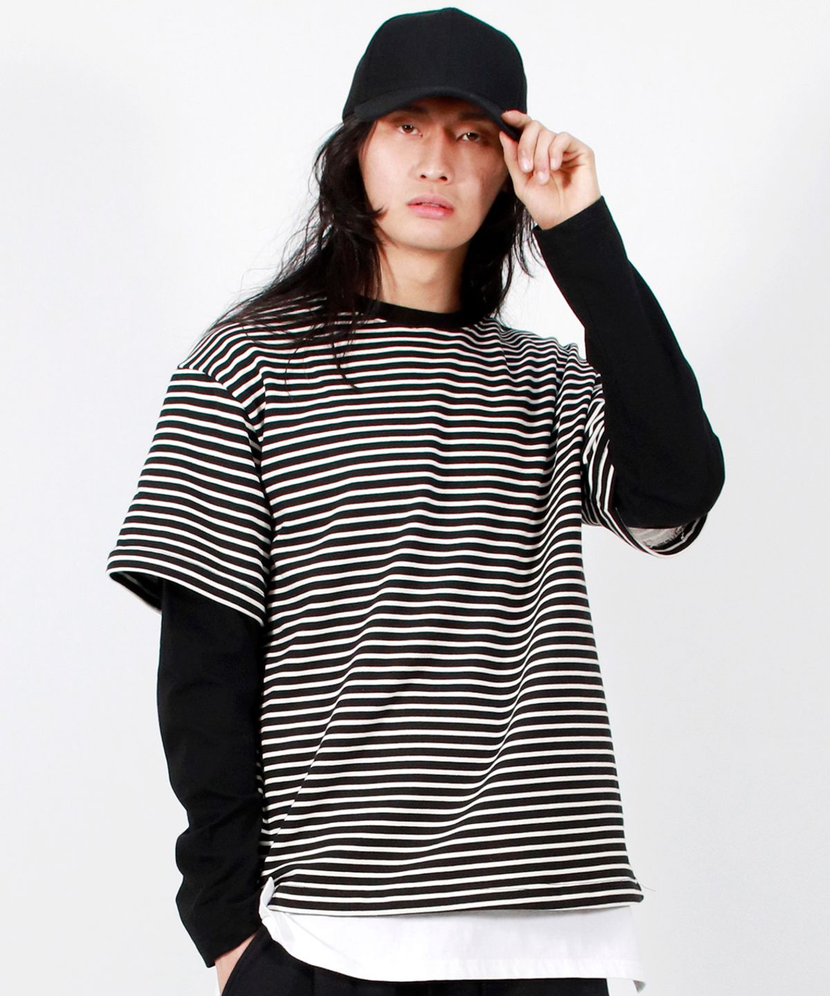 드마크(DEMARC) M LAYERED SLEEVE BOXY FIT CREW NECK T-SHIRT STRIPE-BLACK