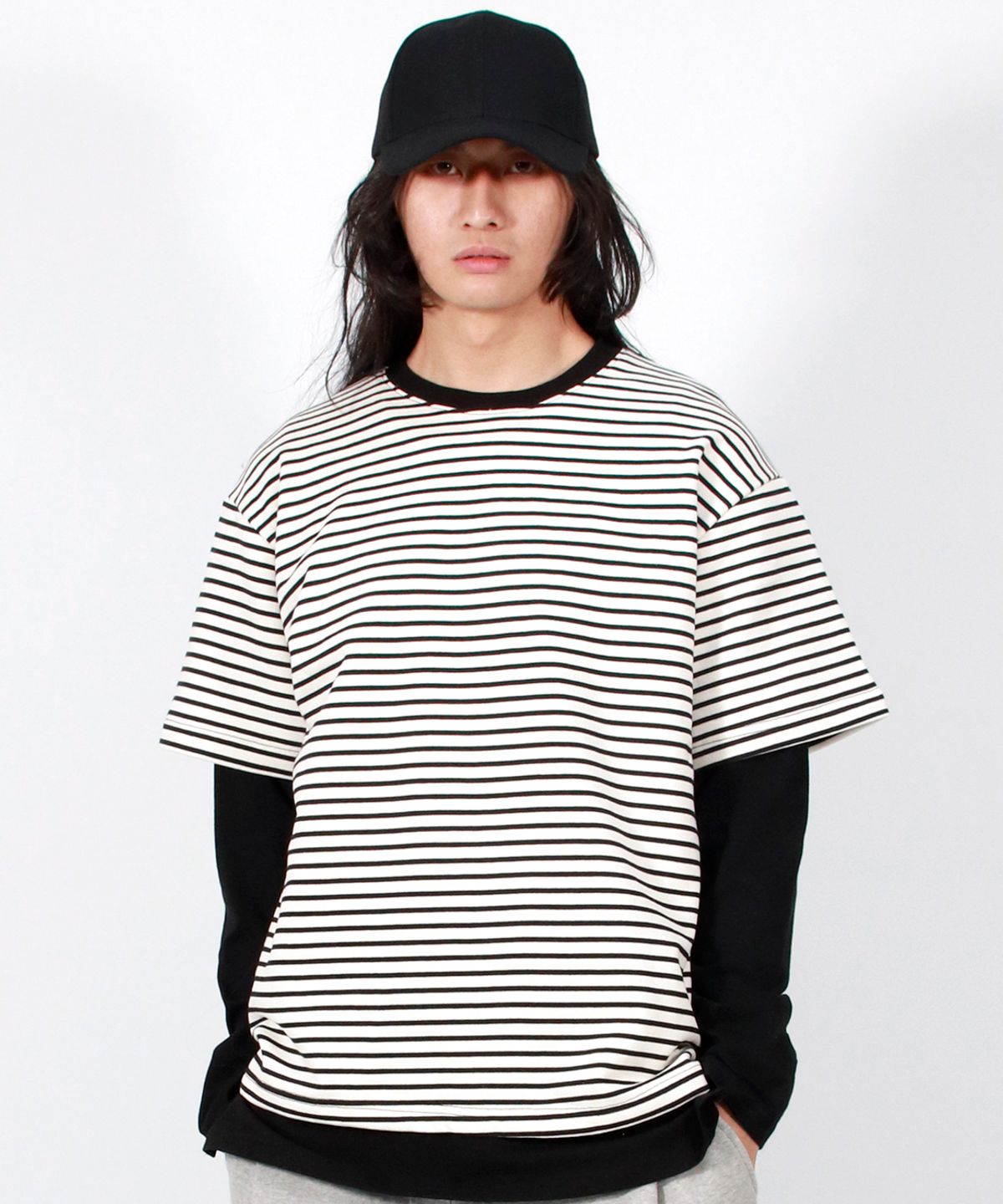 드마크(DEMARC) M LAYERED SLEEVE BOXY FIT CREW NECK T-SHIRT STRIPE-IVORY