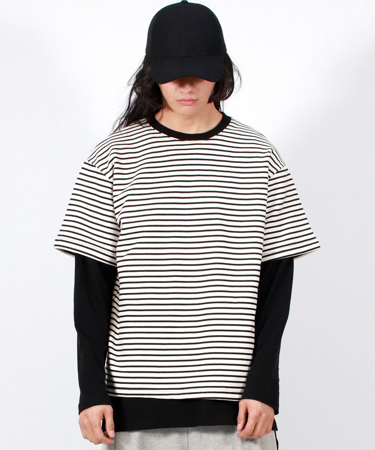 드마크(DEMARC) M LAYERED SLEEVE BOXY FIT CREW NECK T-SHIRT STRIPE-IVORY