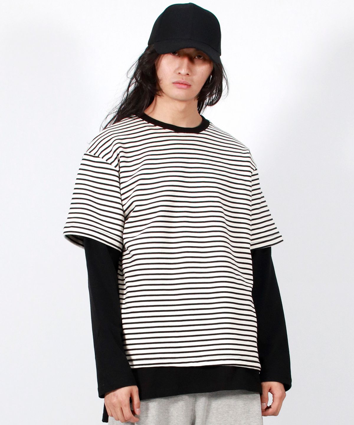 드마크(DEMARC) M LAYERED SLEEVE BOXY FIT CREW NECK T-SHIRT STRIPE-IVORY