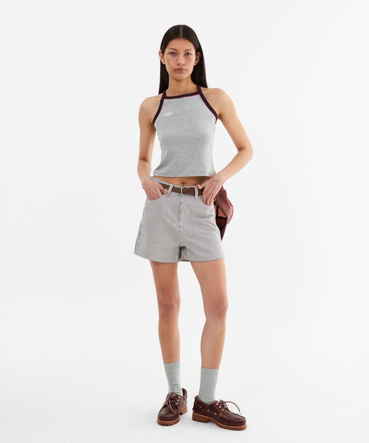 미나수(MENASOO) Y Back Halter Mini Crop Top_Melange Gray