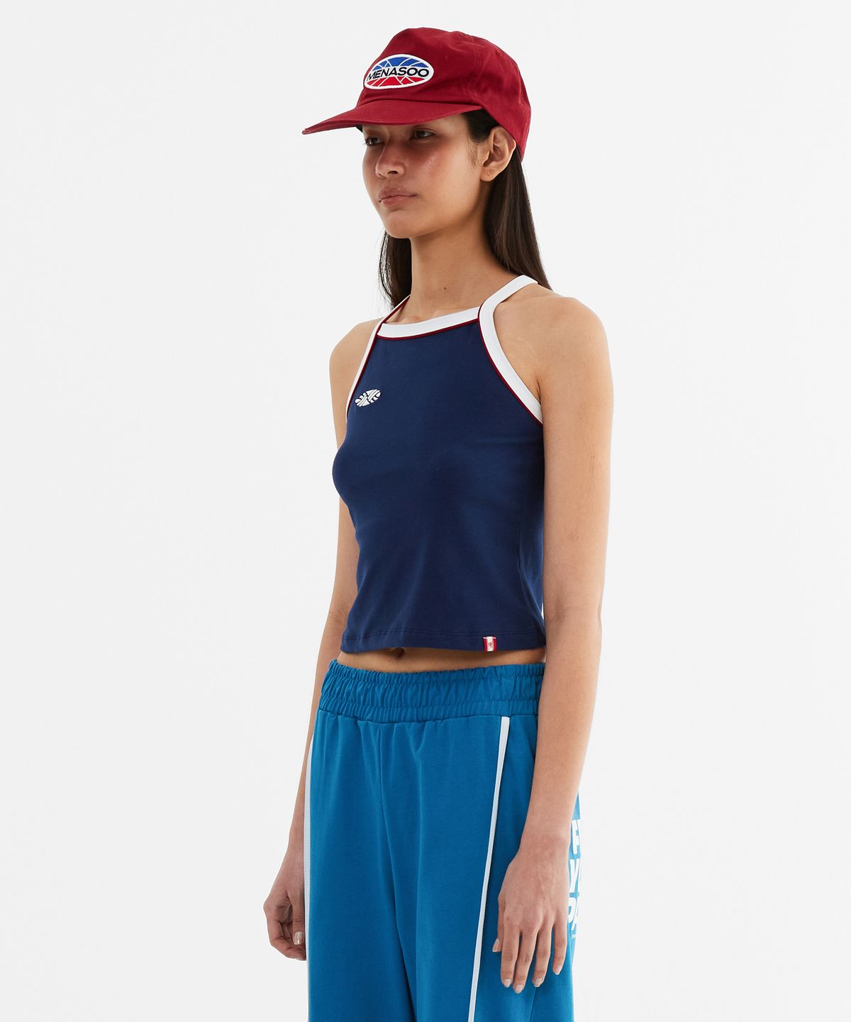 미나수(MENASOO) Y Back Halter Mini Crop Top_Navy