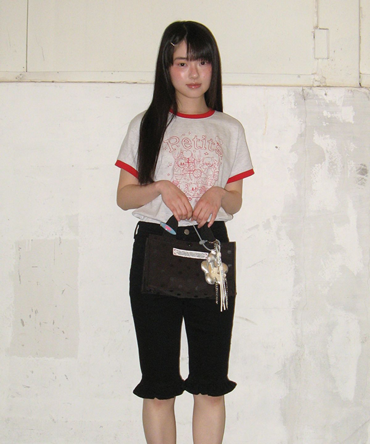 론론(RONRON) PETIT CAT RINGER T SHIRT WHITE MELANGE RED