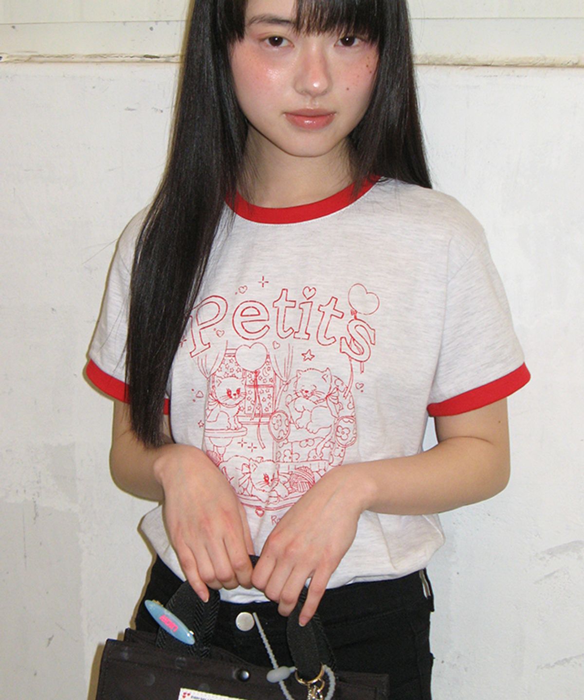 론론(RONRON) PETIT CAT RINGER T SHIRT WHITE MELANGE RED
