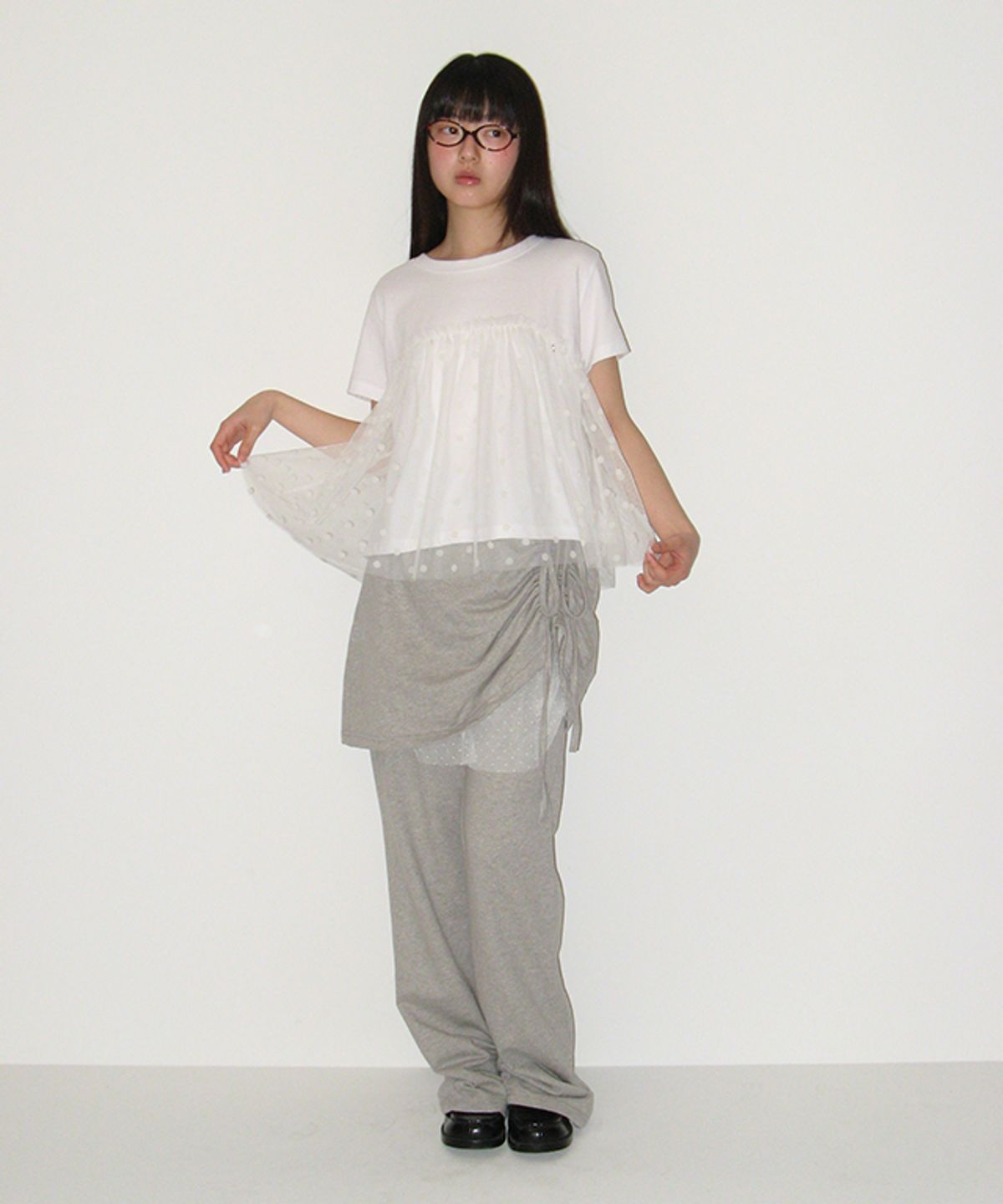 론론(RONRON) SHEER LAYERED SHORT SLEEVE DOT WHITE