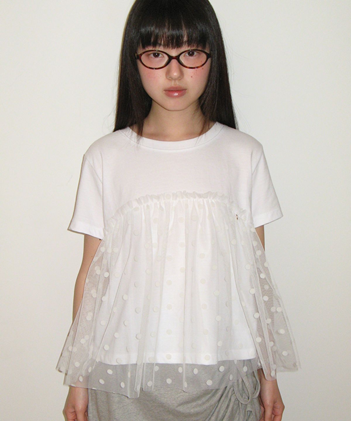 론론(RONRON) SHEER LAYERED SHORT SLEEVE DOT WHITE
