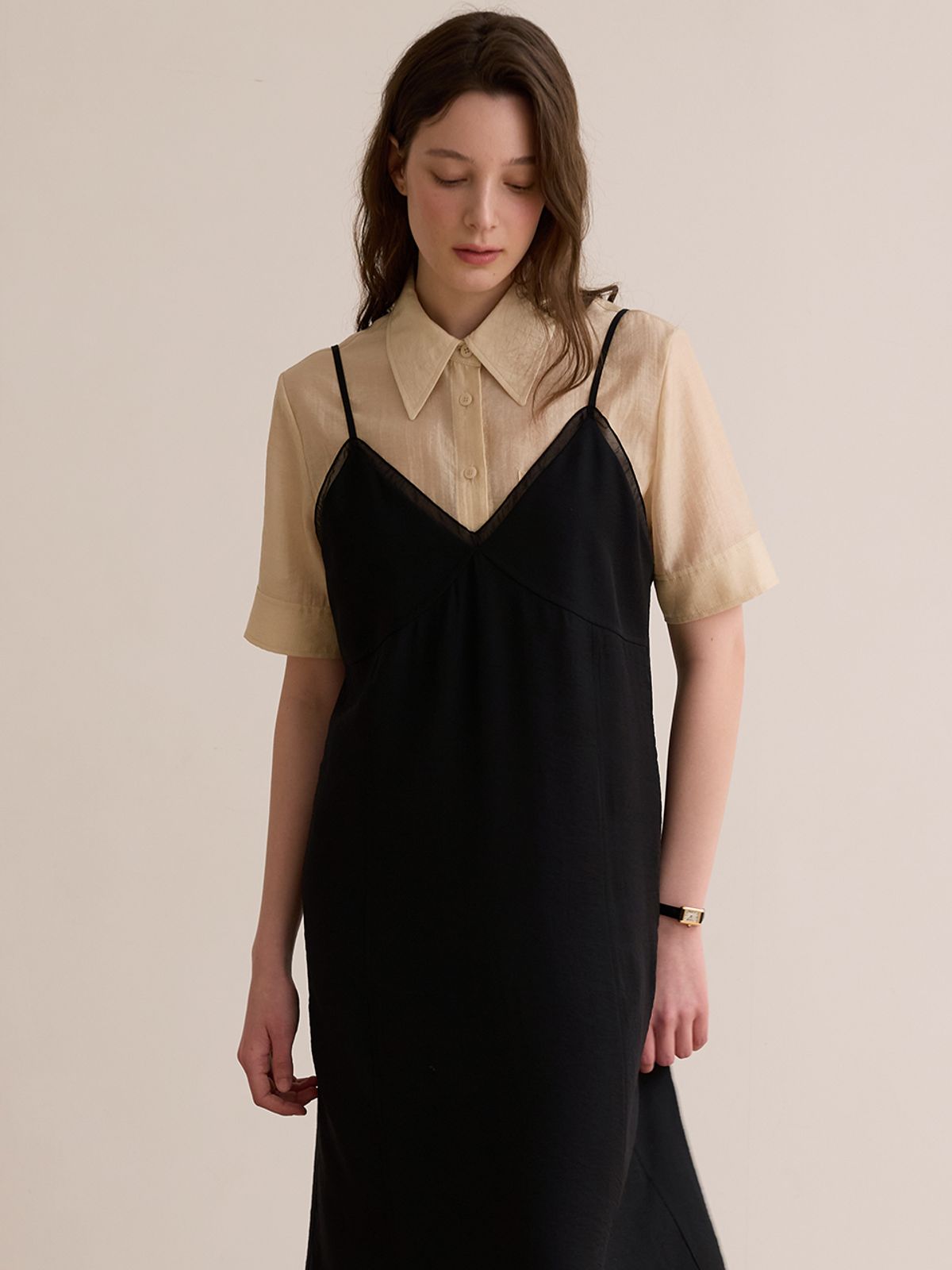 비뮤즈맨션(BEMUSE MANSION) Sheer patch layered dress - Black