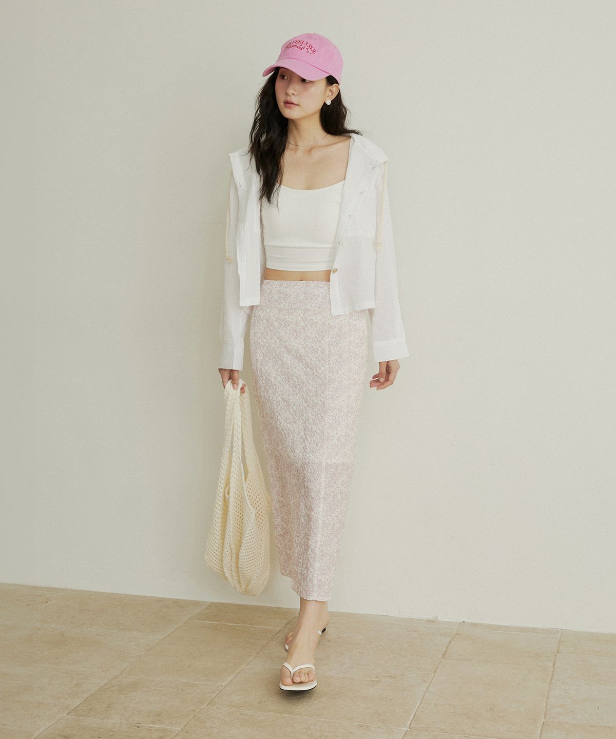 어다울(ADAUL) Embo chiffon flower H line long skirt - pink