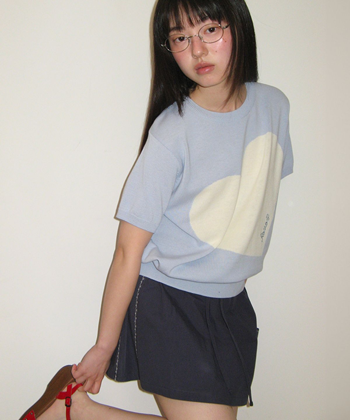 론론(RONRON) BIG HEART SHORT SLEEVE KNIT SOFT BLUE