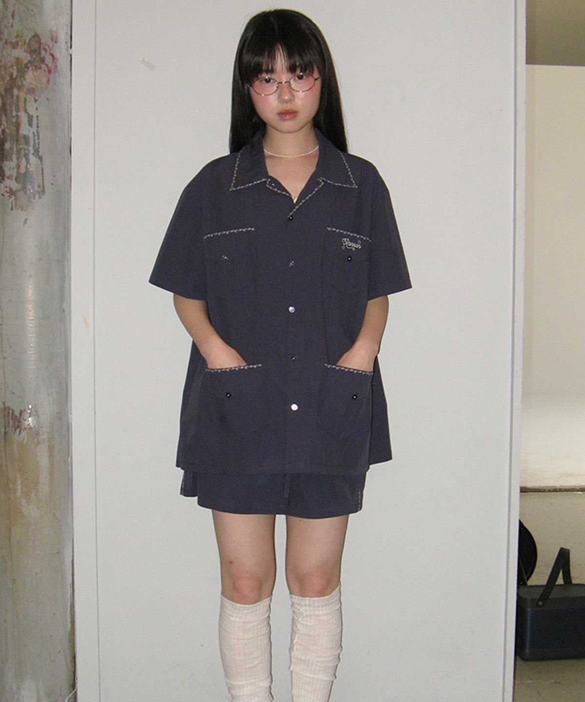 론론(RONRON) LOVER STITCH POCKET HALF SHIRT NAVY