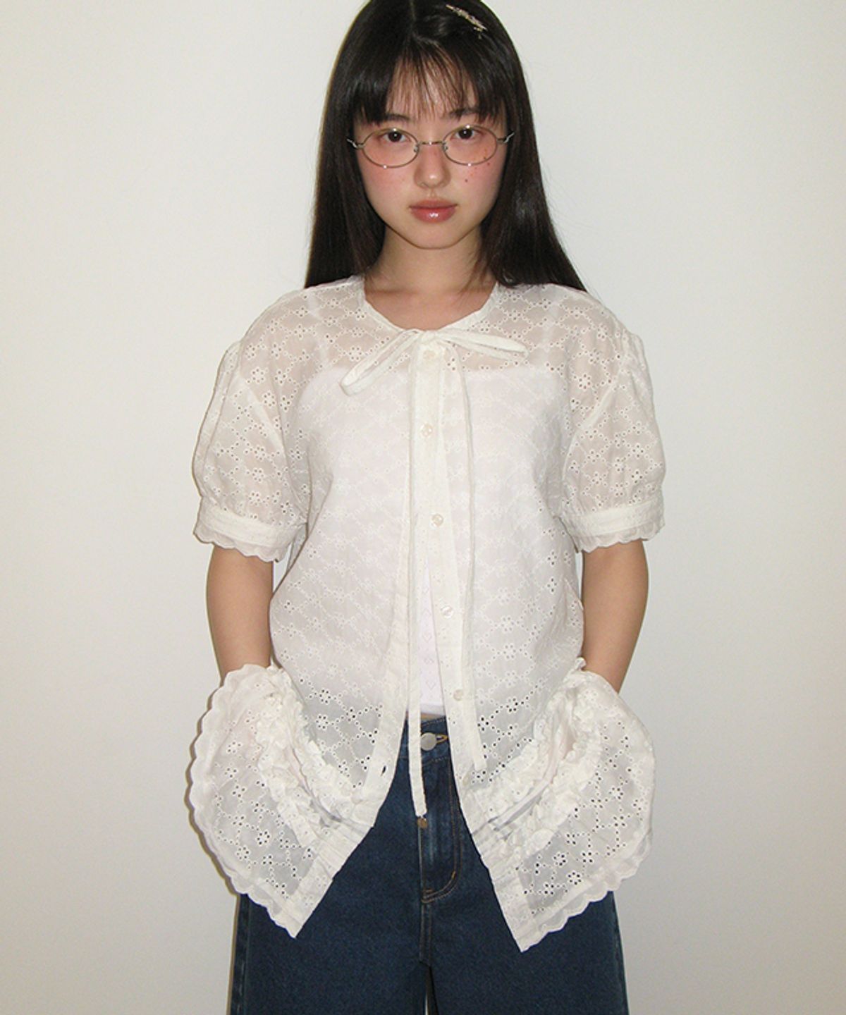 론론(RONRON) SUMMER EYELET FRILL LAYERED SHIRT DRESS WHITE
