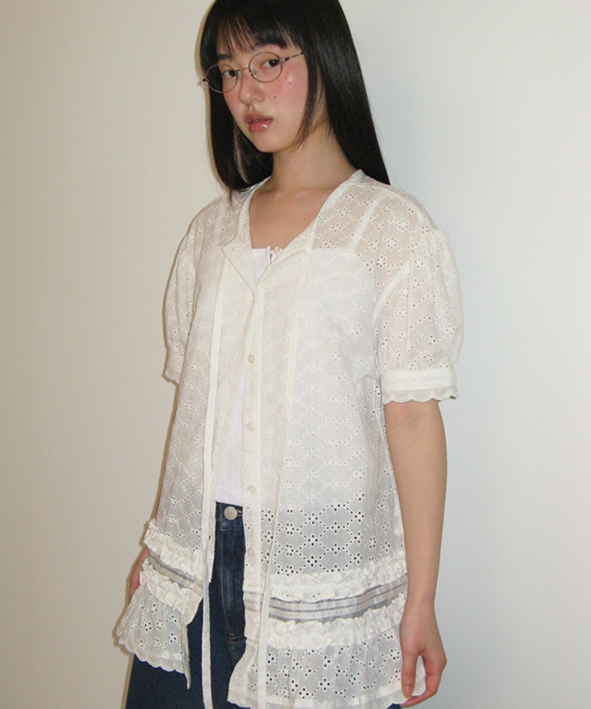 론론(RONRON) SUMMER EYELET FRILL LAYERED SHIRT DRESS WHITE