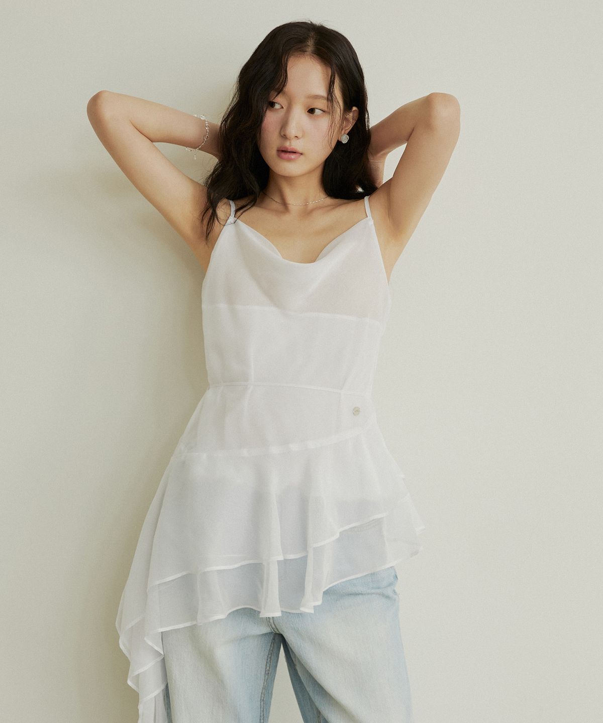 어다울(ADAUL) Drape neck unbalance shirring layered blouse - white