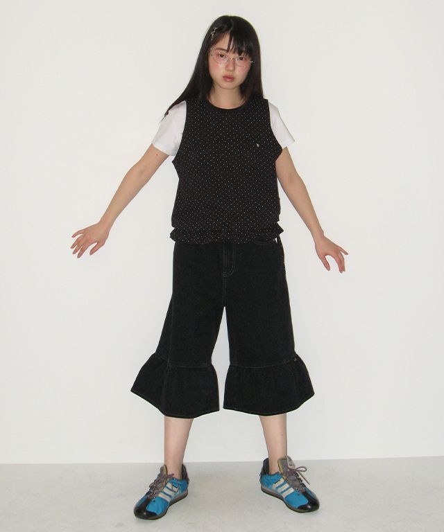 MUSINSA | RONRON FLOUNCE HEM DENIM PANTS BLACK