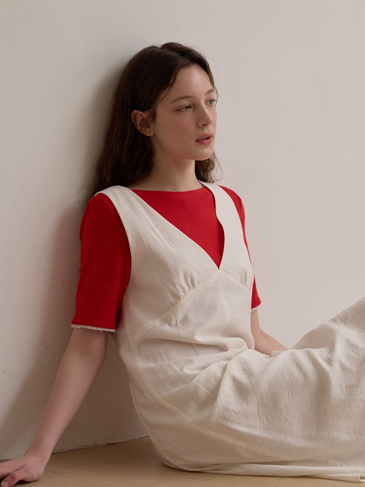 비뮤즈맨션(BEMUSE MANSION) V-neck layered dress - Cream ivory