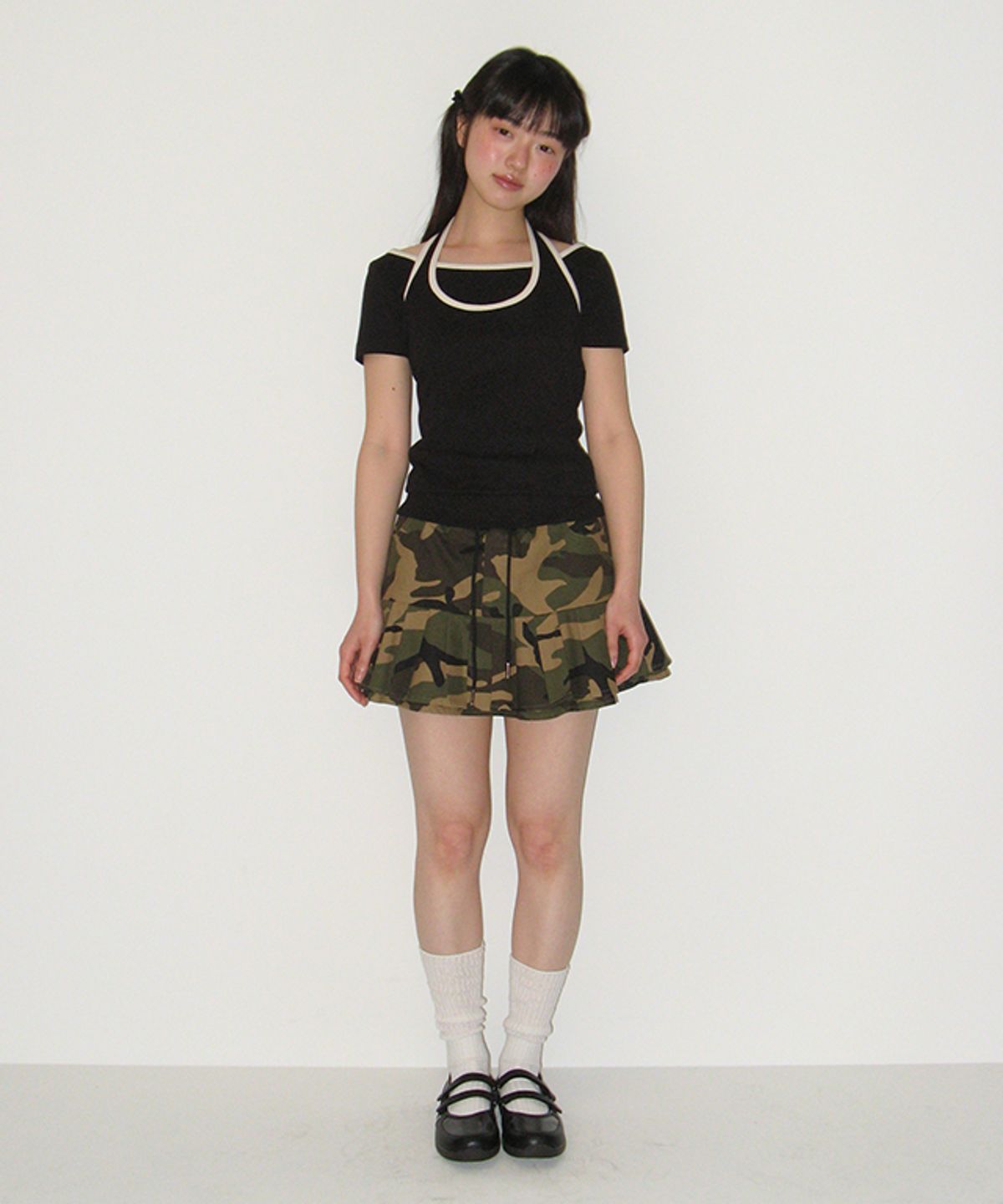 론론(RONRON) PLEATS BANDING MINI SKIRT CAMOUFLAGE