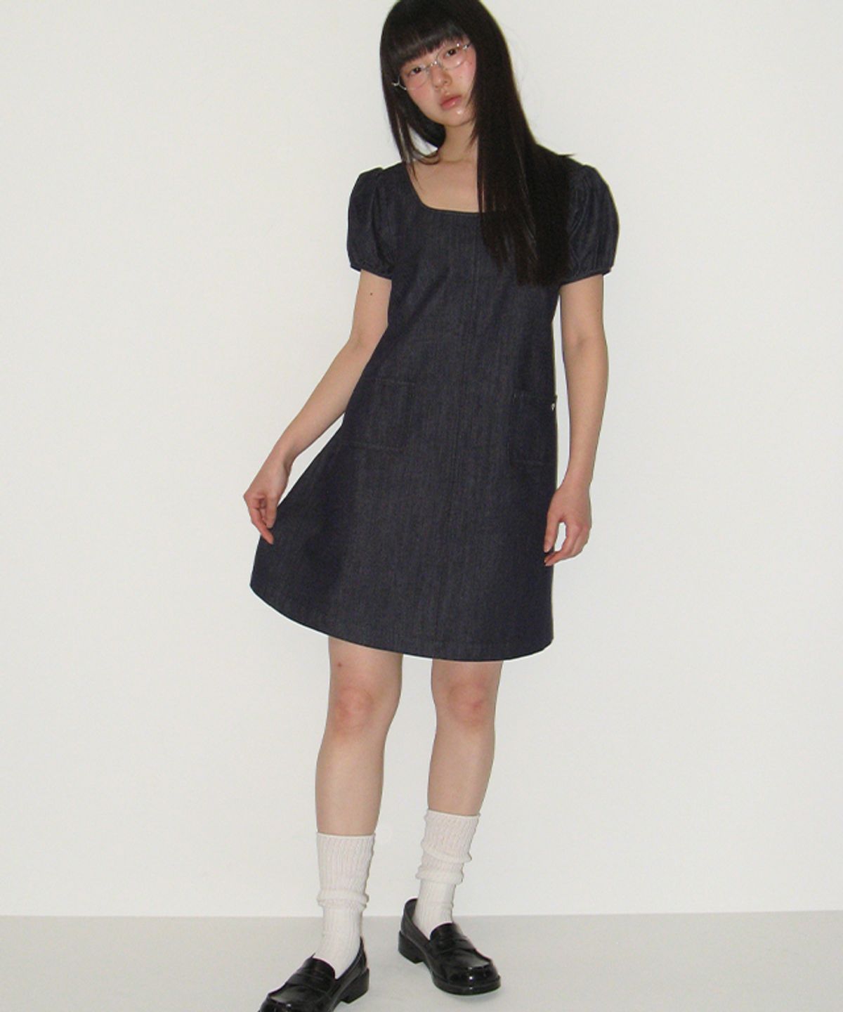 론론(RONRON) NON FADE POCKET HEART POINT DENIM DRESS INDIGO BLUE