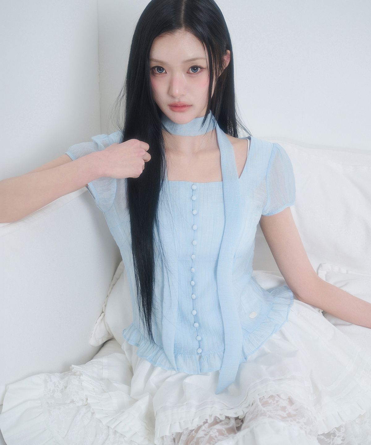 일리고(ILLIGO) 리본 타이 스퀘어넥 블라우스 블루