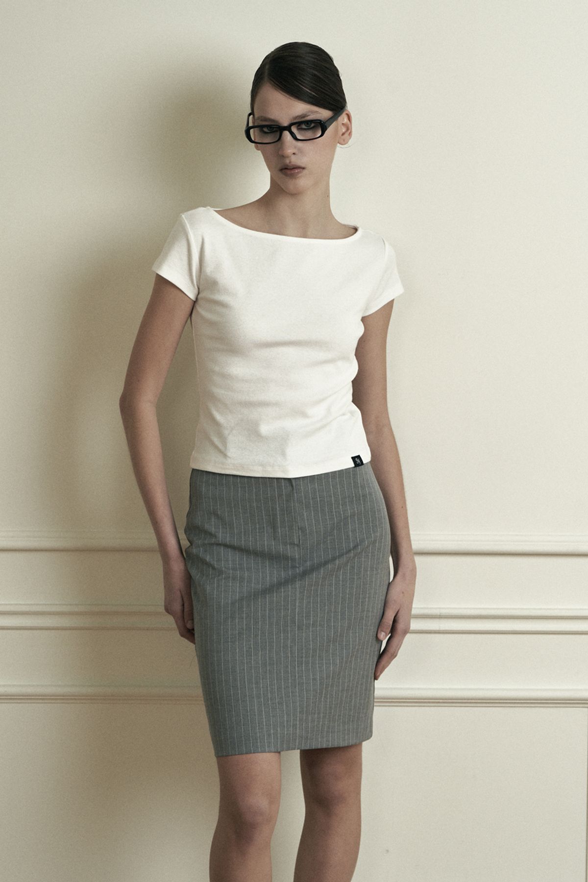 시너진(SYNERJYN) PLAIN STRIPE MIDI SKIRT GRAY