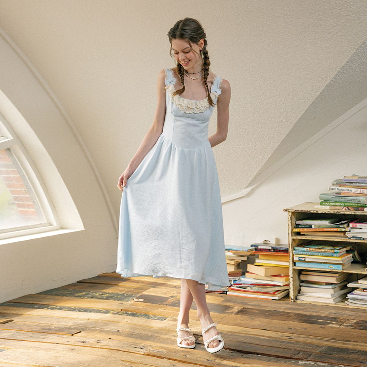 던드롭(DUNDROP) DD_Bow shoulder strap dress_BLUE