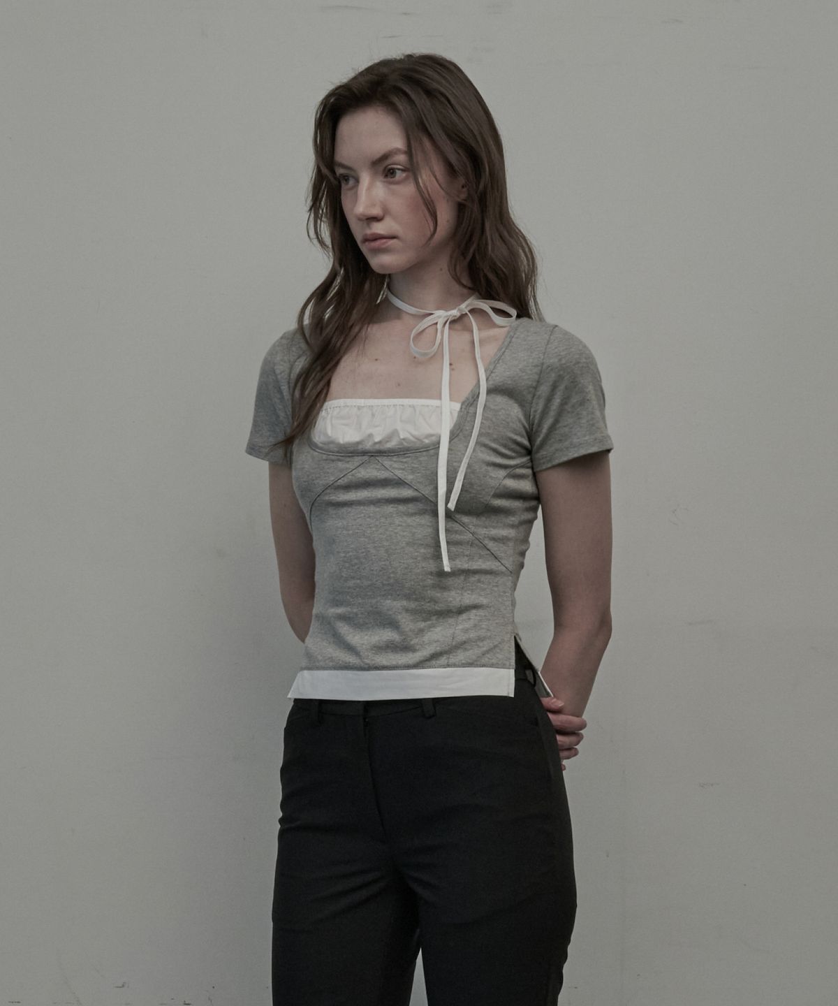 마우솔레움(MAU SOLEUM) Flirt String Shirring T-Shirt - Melange Grey