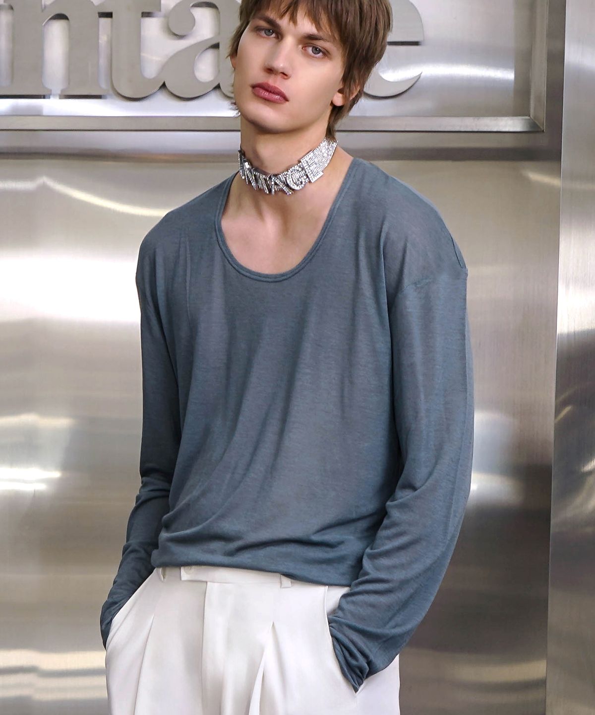 언티지(UNTAGE) U넥 울 텐셀 슬러브 티셔츠[Melange Blue(UNISEX)]_UTT-ST57