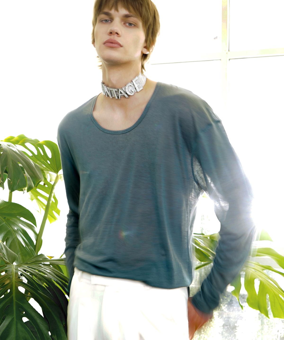 언티지(UNTAGE) U넥 울 텐셀 슬러브 티셔츠[Melange Blue(UNISEX)]_UTT-ST57