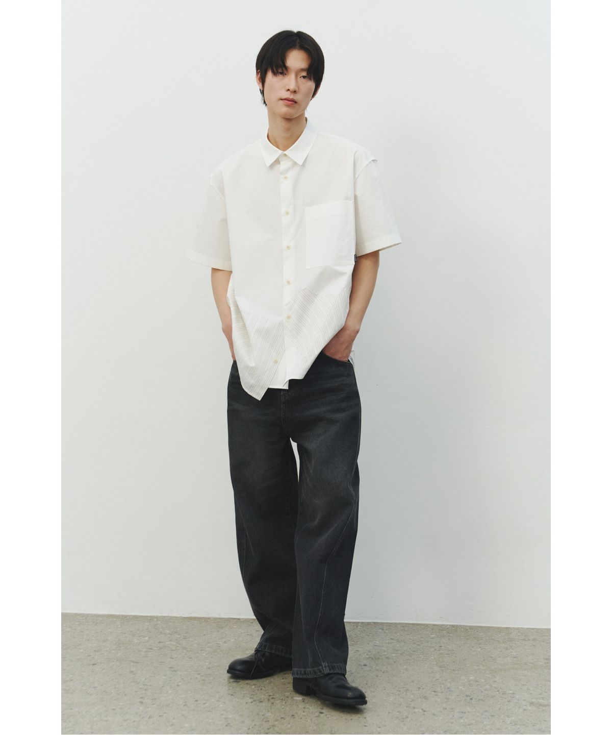 래코드(RECODE) Patchwork Short Sleeves Shirts_RKSAS25612WHX