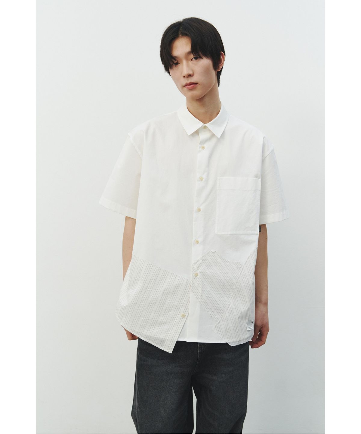 래코드(RECODE) Patchwork Short Sleeves Shirts_RKSAS25612WHX