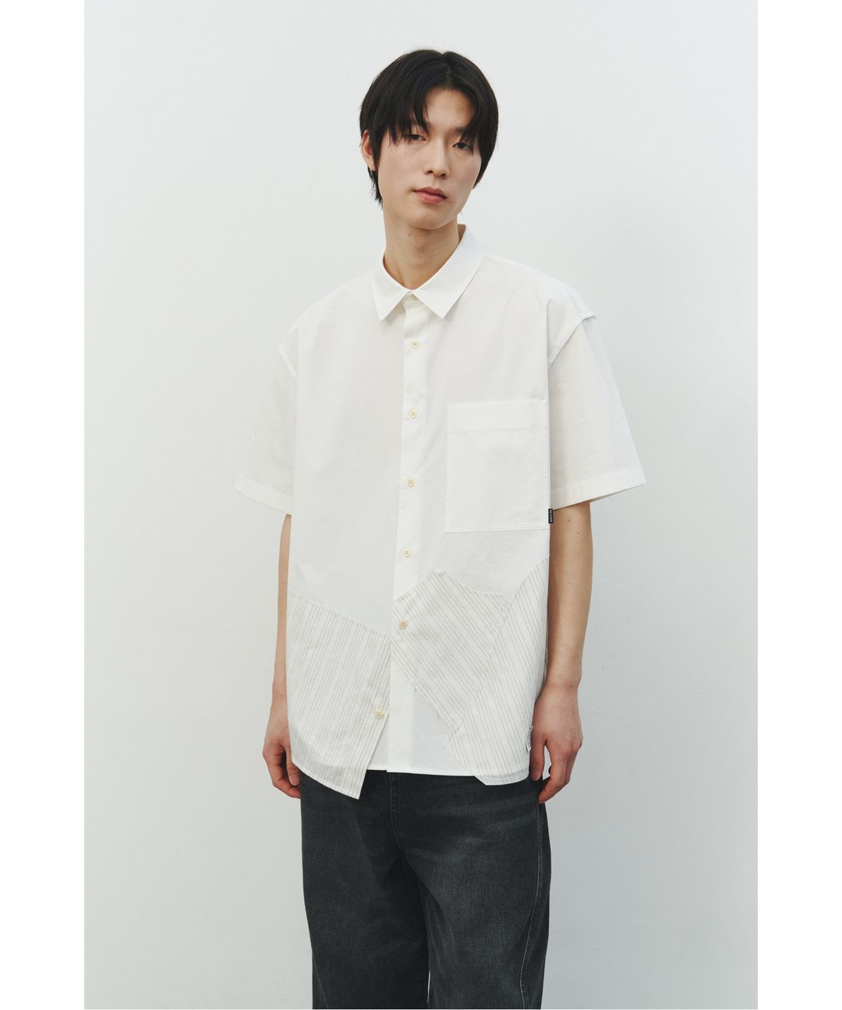 래코드(RECODE) Patchwork Short Sleeves Shirts_RKSAS25612WHX