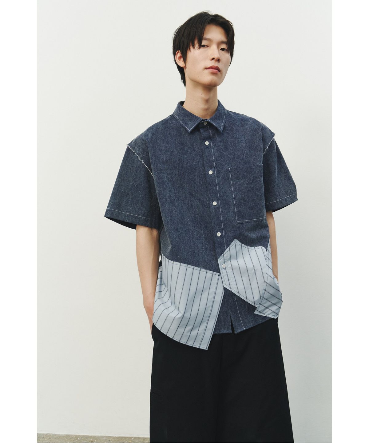 래코드(RECODE) Patchwork Denim Short Sleeves Shirts_RKSAS25632BUX