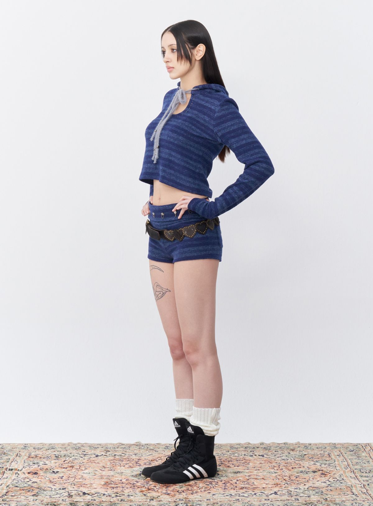 퓨레(PUREE) Double string piercing hoodie Navy