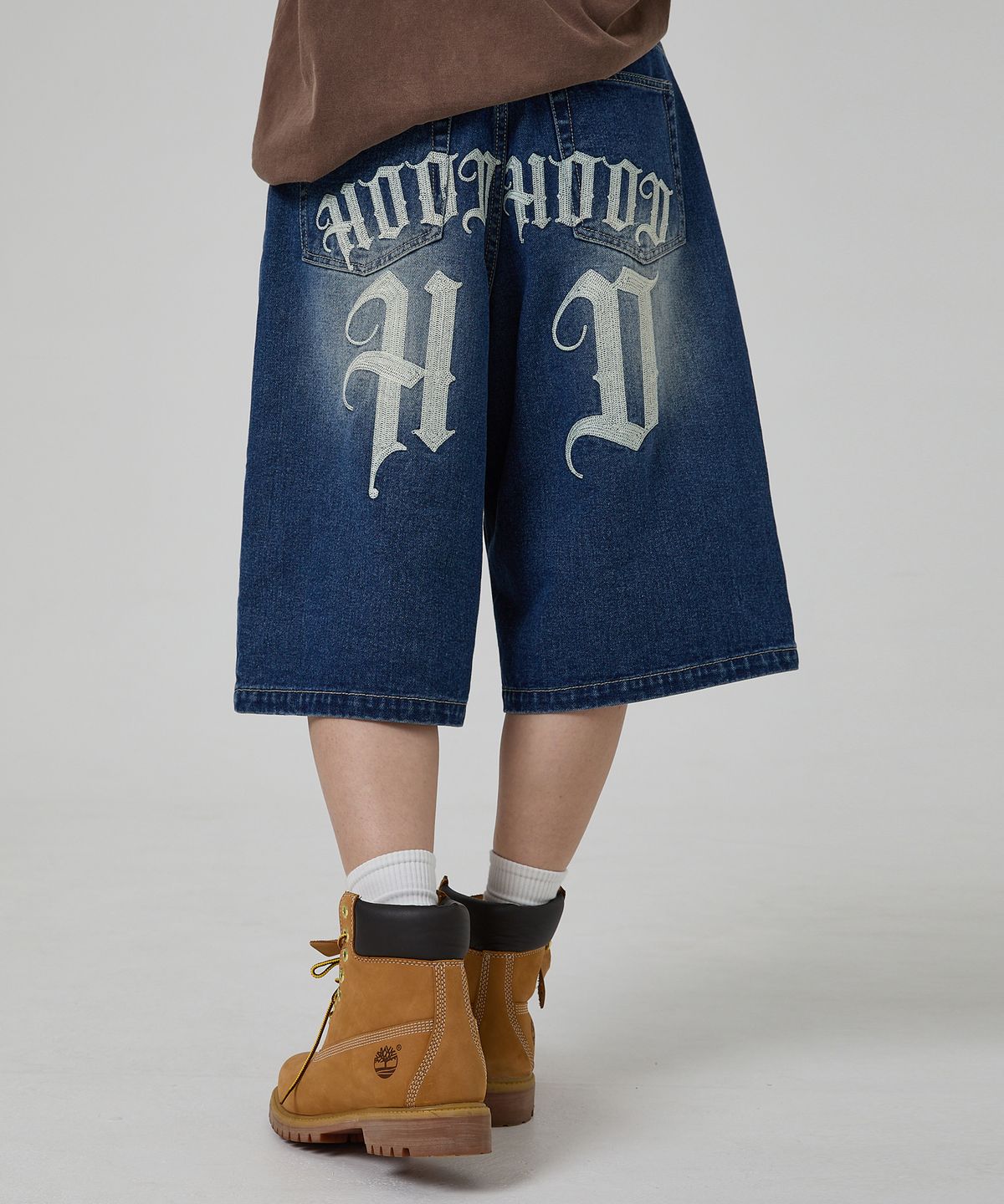 후드후드(HOODHOOD) HD 체인 자수 버뮤다 데님 팬츠 미디엄블루