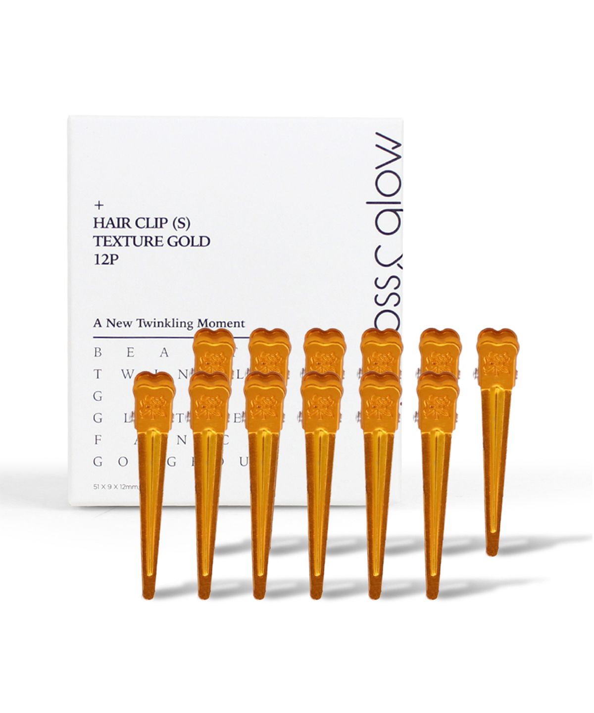 글로스앤글로우(GLOSS&GLOW) 국내생산 자국없는 집게핀 소 텍스쳐 골드 12P (GG-66379-B12)
