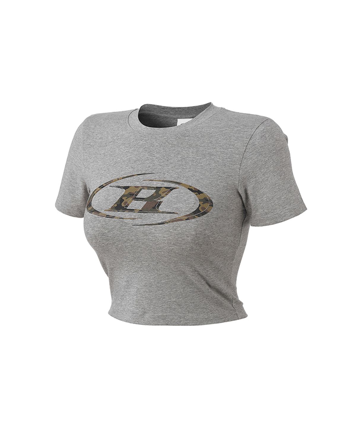 본투윈(BORN TO WIN) W CAMO B LOGO SEMI CROP T-SHIRTS [MELANGE GREY]