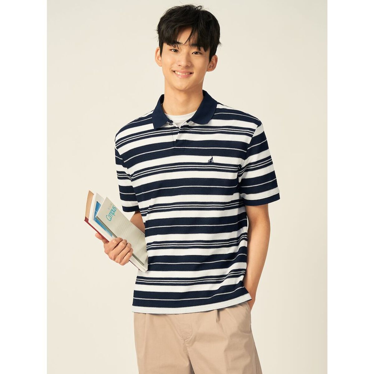 빈폴 멘(BEANPOLE MEN) 스트라이프 칼라넥 반소매 티셔츠  네이비