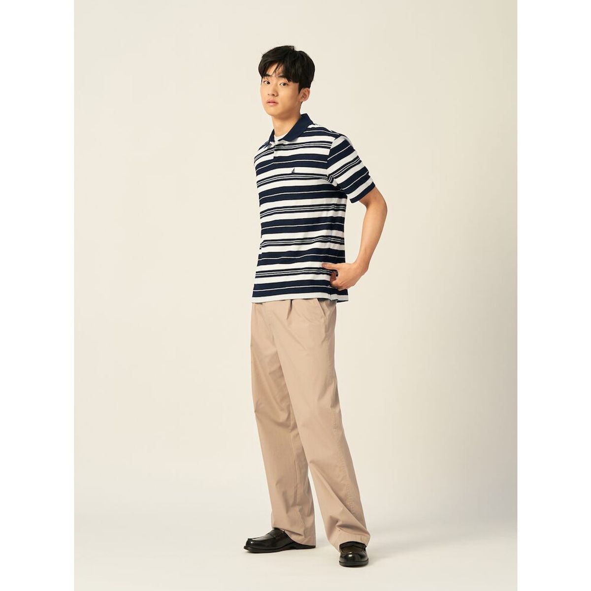 빈폴 멘(BEANPOLE MEN) 스트라이프 칼라넥 반소매 티셔츠  네이비
