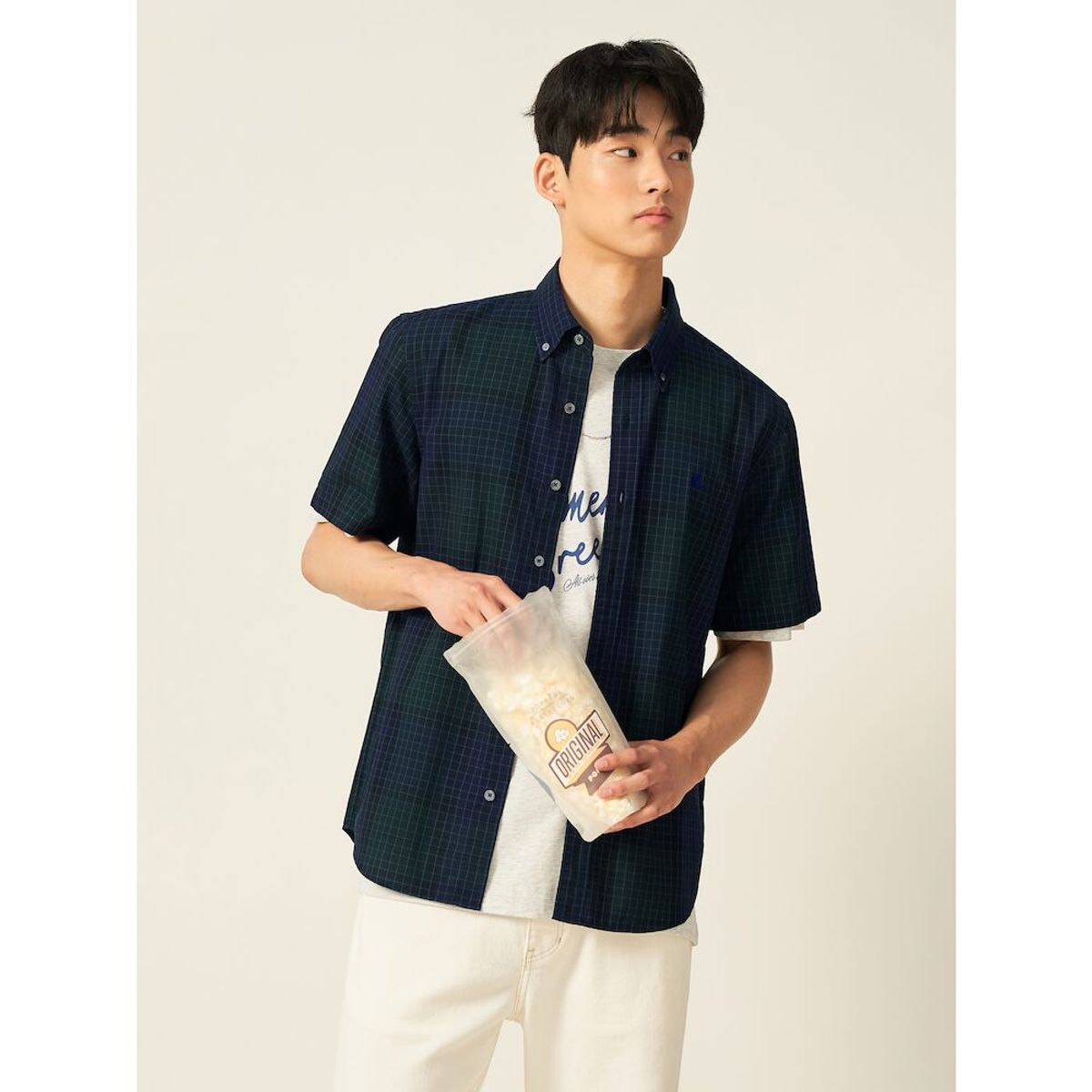 빈폴 멘(BEANPOLE MEN) 코튼 폴리 그리드체크 반소매 셔츠  그린 (BC5465C54M)