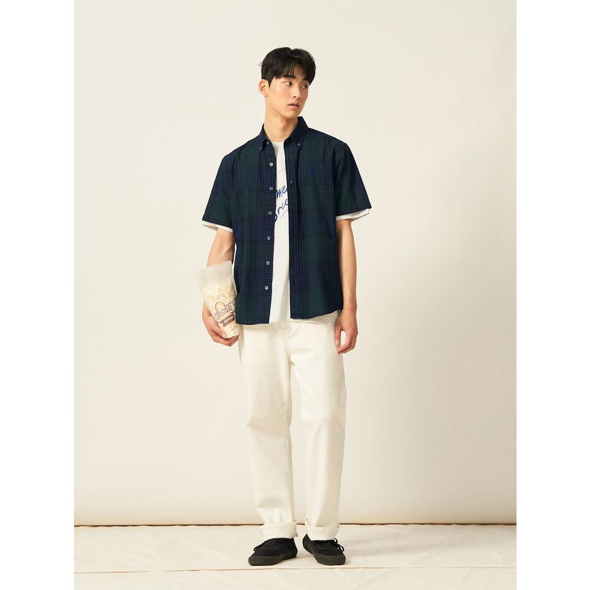 빈폴 멘(BEANPOLE MEN) 코튼 폴리 그리드체크 반소매 셔츠  그린 (BC5465C54M)