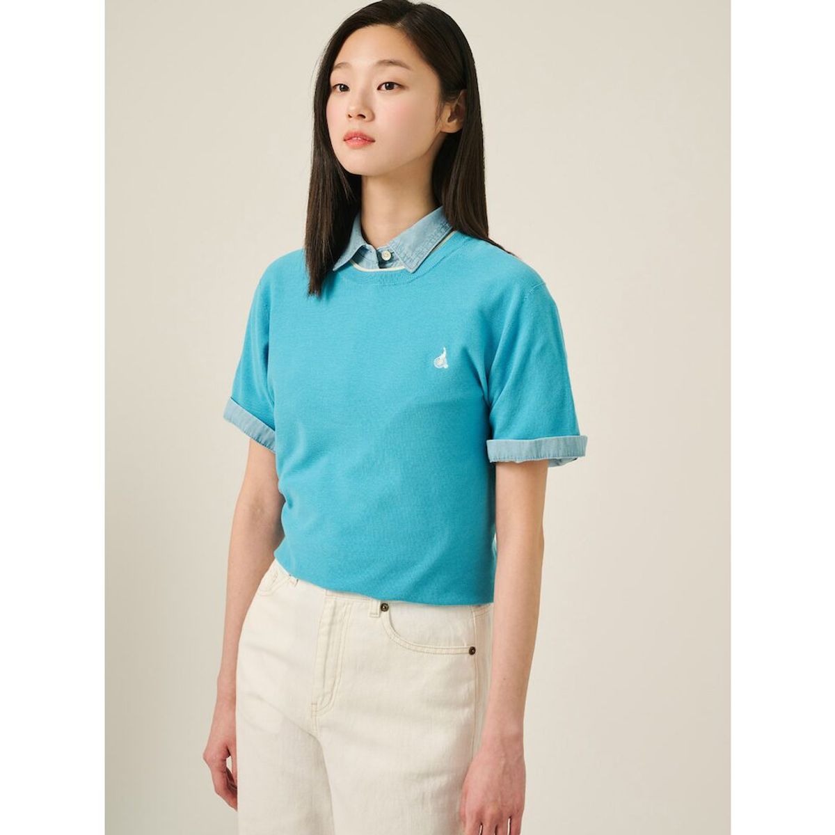 빈폴 레이디스(BEANPOLE LADIES) [빈폴솔솔니트] 코튼실크 라운드넥 홀가먼트 풀오버  스카이블루 (BF5351C07Q)