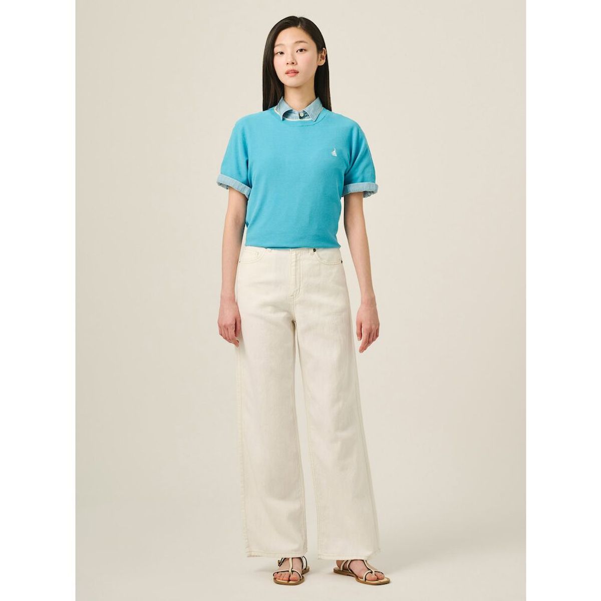 빈폴 레이디스(BEANPOLE LADIES) [빈폴솔솔니트] 코튼실크 라운드넥 홀가먼트 풀오버  스카이블루 (BF5351C07Q)