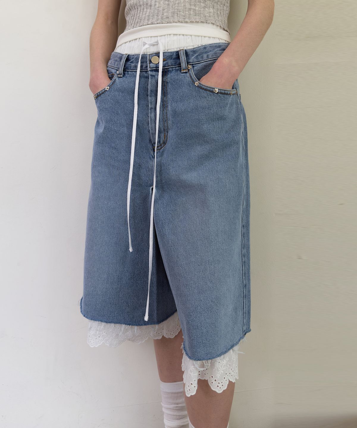 다이애그널(DIAGONAL) DENIM WRAP SKIRT SHORTS (blue)