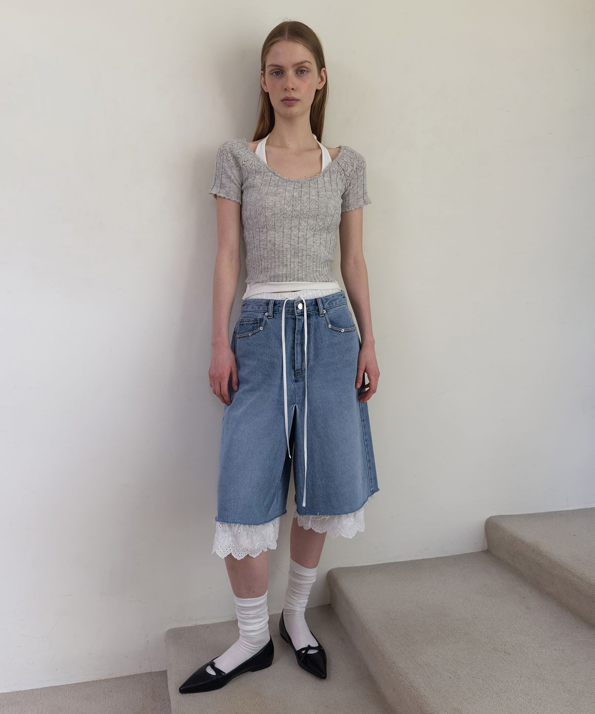 다이애그널(DIAGONAL) SCALLOP HALF SLEEVE KNIT (melange grey)